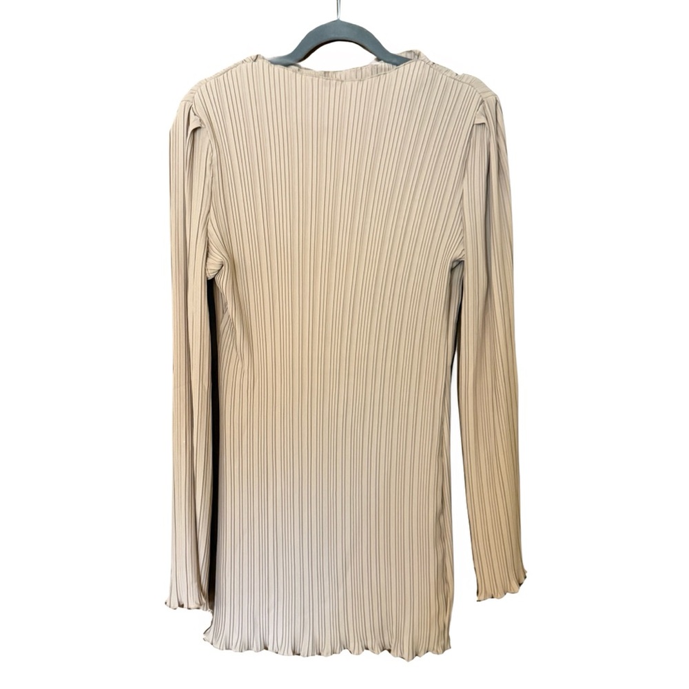 NA-KD Neutral Pleated Long Sleeve Mini Dress Lettuce Hem Minimalist Chic Classy